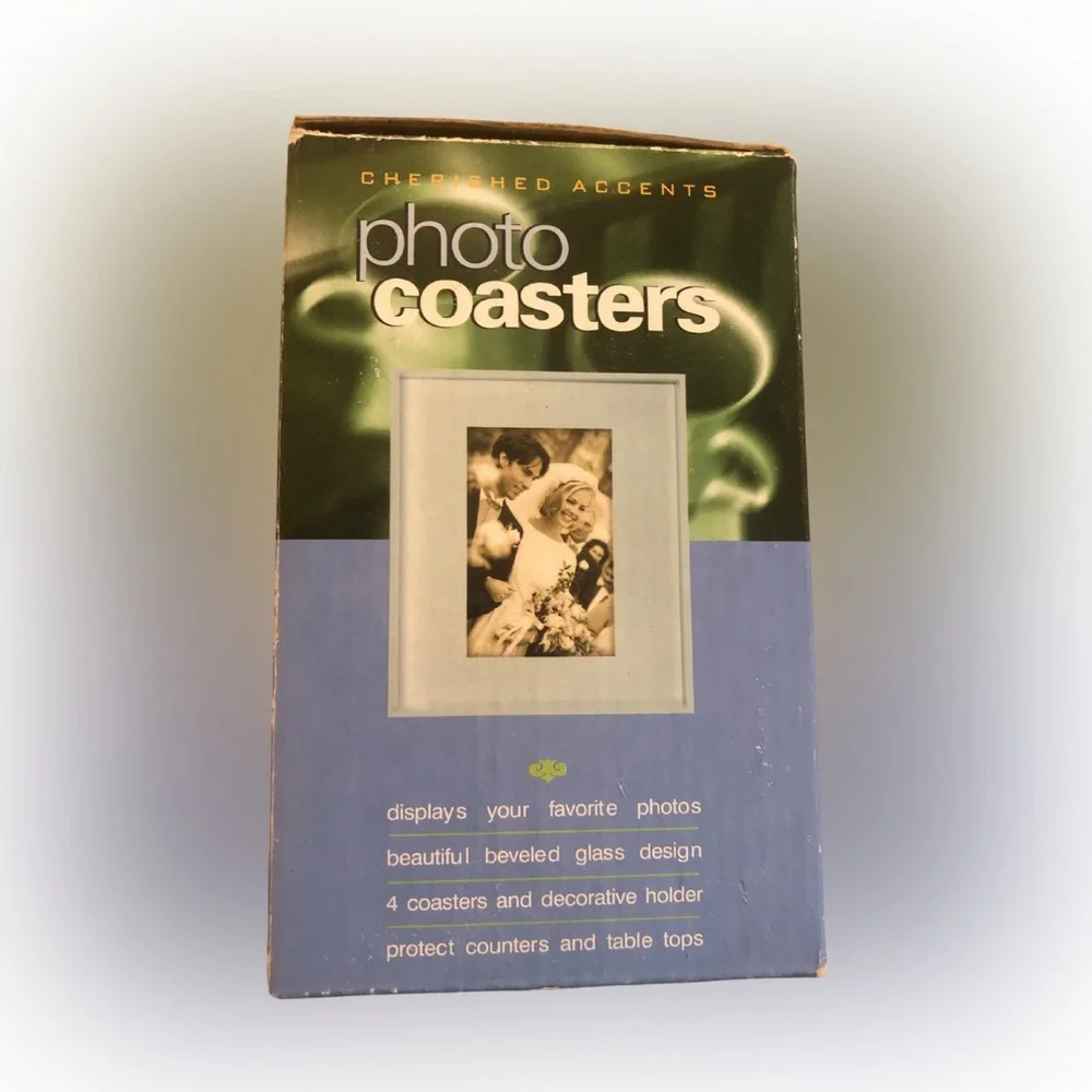 NIB Glass Photo Coasters Set – 2x3 Display – Holder Missing – Box Damaged